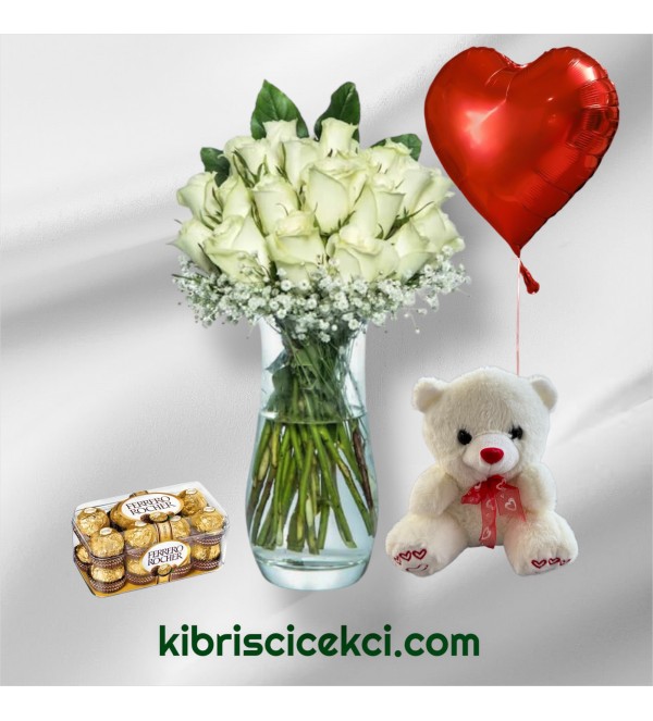 Vazoda 25 Beyaz Gül Ayıcık 16'lı Ferrero Çikolata Kalp Helyum Balon
